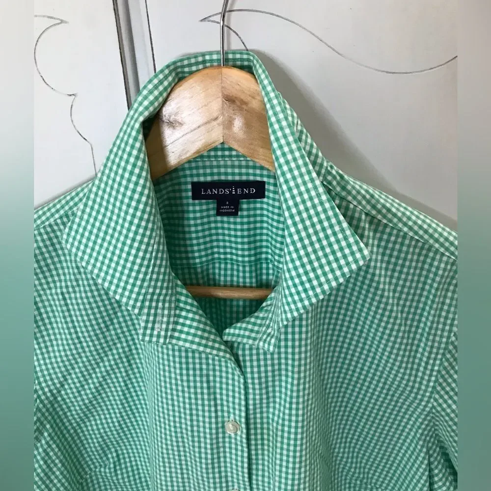 Lands’ End Kelly Green/White Gingham French Cuff Button Down Shirt Size 8